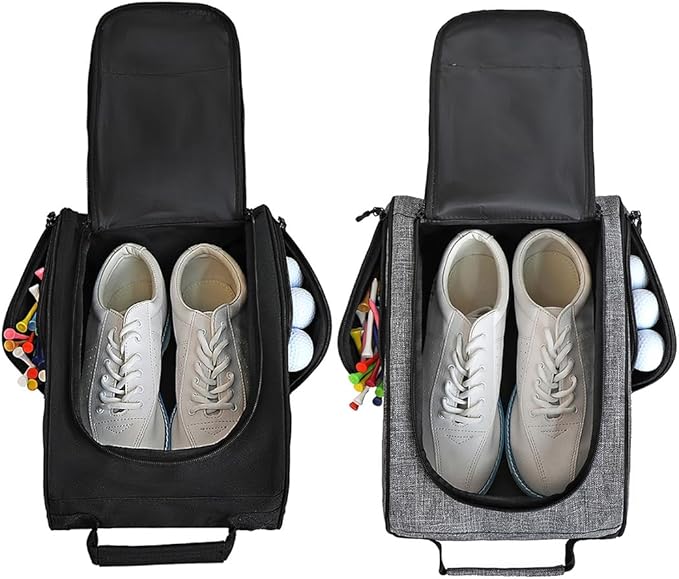 Goloni 2Pcs Golf Shoe Bag for Men & Women, Padded Travel Shoe Bag with Side Accessory Pockets,Sport Shoe Carrier for Golf Shoes,Socks,Tees & Balls,Durable & Lightweight Design(Black+Gray)