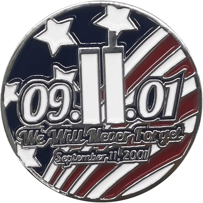 We Remember 911 - Never Forget Two-Sided Golf Ball Marker and USA Round Hat Clip Patriotic Golf Accessories