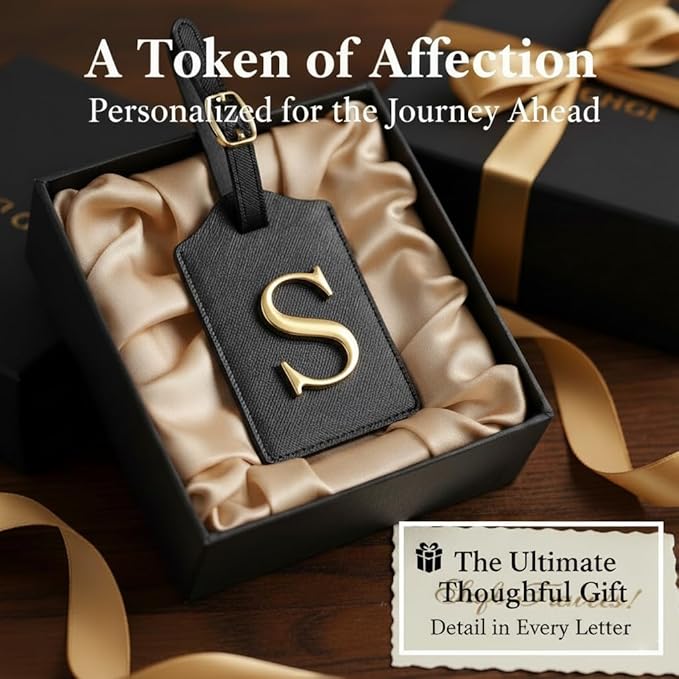Personalized Initial Letter Luggage Tag for Suitcases PU Leather Baggage ID Tag with Metal Alphabet,Travel Accessory for Backpacks, Bags and Gift for Travelers (Black/Gold-Letter, S)