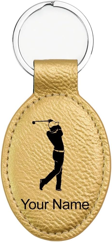 LaserGram Oval Keychain, Golfer Golfing, Personalized Engraving Included (Gold)
