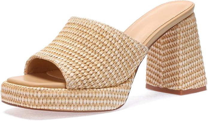 Monrovia Womens Sandals Heels for Women Slide On Block Chunky Platform High Heels Open Toe Raffia Wedge Sandals