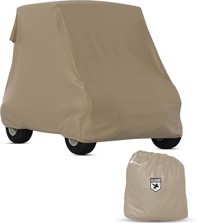 AllGuard Weatherproof Golf Cart Cover, Heavy Duty Polyester, Protects from Rain, Sun, UV & More - Tan (Fits Length: 140" - 170")