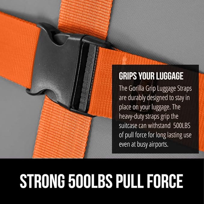 GORILLA GRIP Heavy Duty 4 Pack Adjustable Luggage Straps for Suitcases, Easy to Identify Travel Belt Connector Holds Suitcase Together, Extends Life of Bag, Strap Connects Two Bags, Accessories Orange