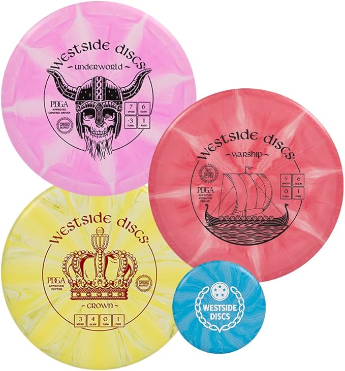 Westside Discs Origio Burst 3-Disc Golf Starter Set - Ideal All-in-One Disc Golf Set for Men - 1x Fairway Driver, 1x Midrange & 1x Putter Discs - Mini Marker Included - Colors Will Vary