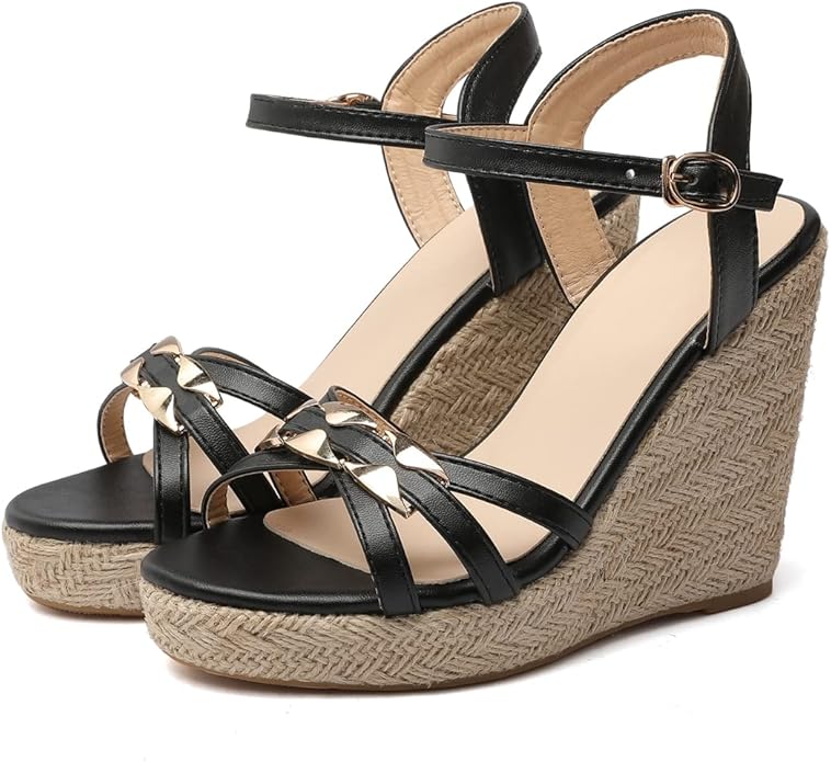 VOKLIN Women's Casual Espadrilles Wedge Sandals Open Toe Ankle Strap Metallic Chunky Platform Dressy Sandal