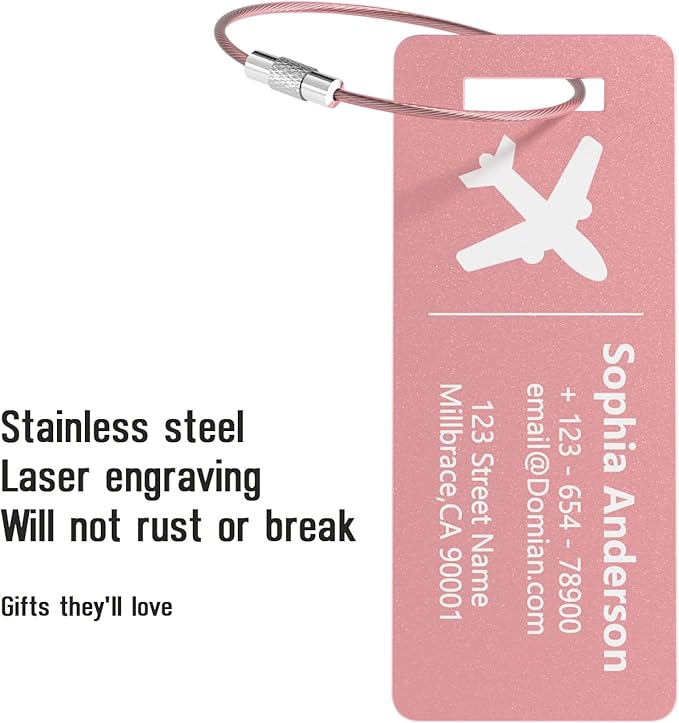 4 Pack Personalized Luggage Tags, Custom Engraved Aluminum Luggage Tags with Your Personalized Text, Waterproof Metal Name Tags with Steel Loop for Bags, Suitcase, Baggage, Backpack (Pink, Small)
