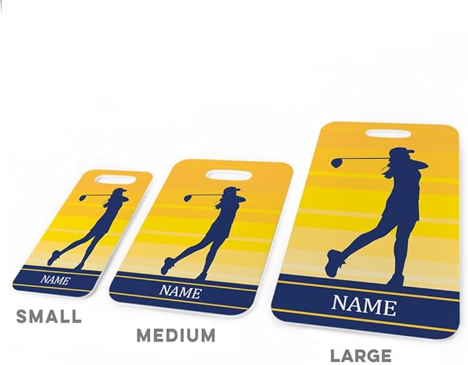 ChalkTalkSPORTS Golf Luggage & Bag Tag | Personalized Female Golfer | Standard Lines on Back | Large | Yellow