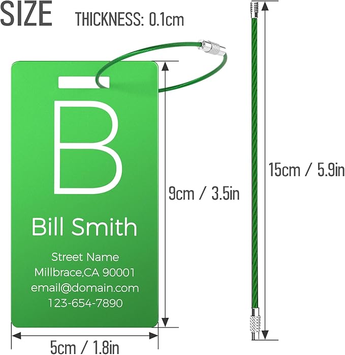 4 Pack Personalized Luggage Tags, Custom Engraved Aluminum Luggage Tags with Your Personalized Text, Waterproof Metal Name Tags with Steel Loop for Bags, Suitcase, Baggage, Backpack (Green, Large)
