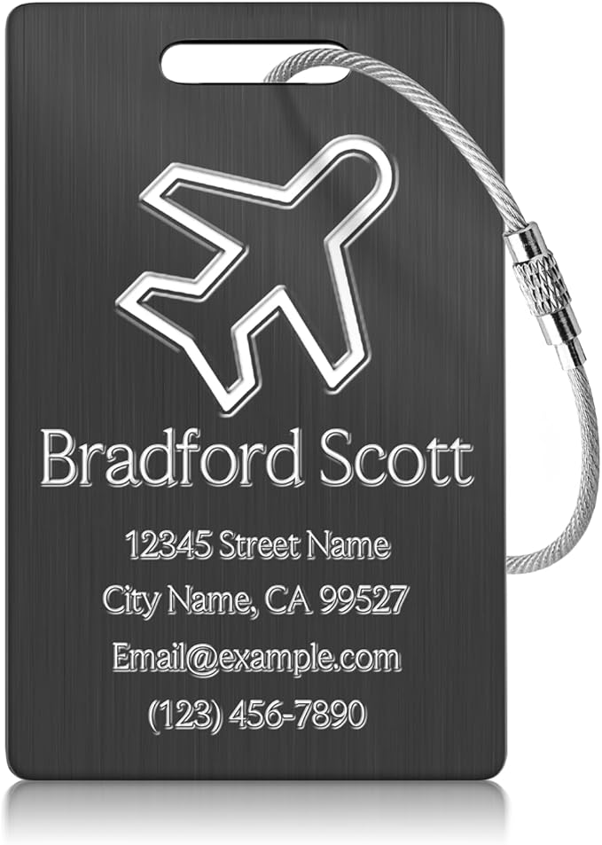 Personalized Luggage Tags - Custom Metal Luggage Tags for Suitcases, Backpacks and Bags with Your Personalized Club Logo Text (Black)