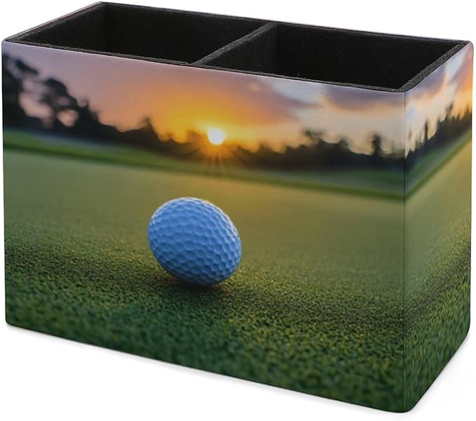 Pens Holder, Pencils Holder for Desk Organizer, Sport Golf Ball Sunset PU Leather Pencil Cups Desktop Stationery Storage Makeup Brush Holder Pens Organizer for Office Home