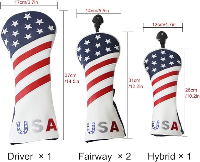 Golf Head Covers, for Fairway Woods Driver Hybrid 1 3 5 UT GLOOF Golf Club Head Covers USA Stars and Stripes with Interchangeable ID Tags Leather 3 Wood Driver Headcovers
