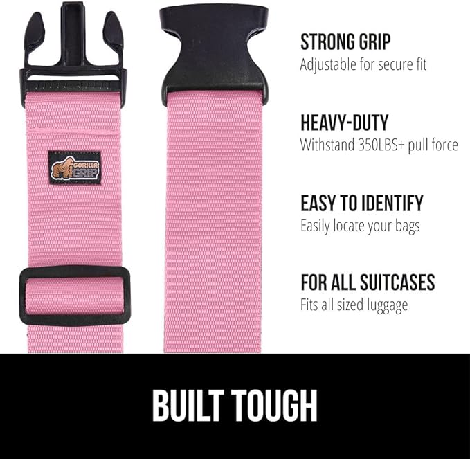 GORILLA GRIP Heavy Duty 8 Pack Adjustable Luggage Straps for Suitcases, Easy to Identify Travel Belt Connector Holds Suitcase Together, Extends Life of Bag, Strap Connects Two Bags, Accessories Pink