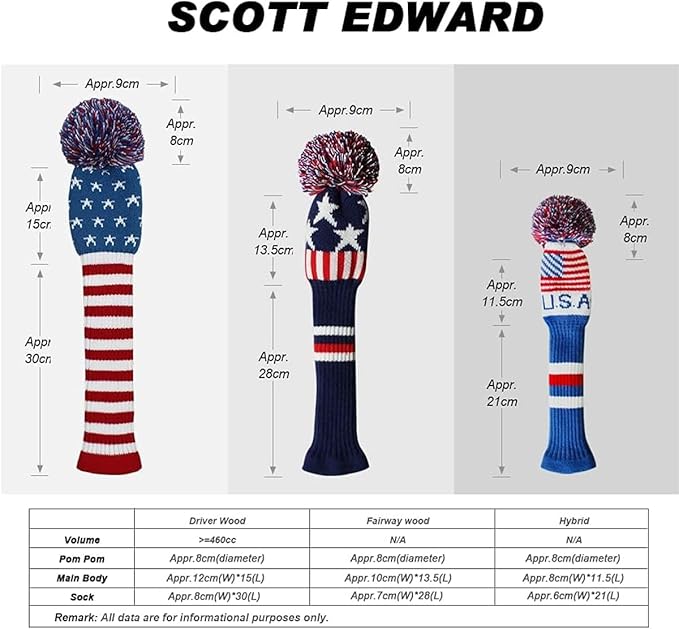 Scott Edward Knit Golf Head Covers for Woods Set of 3 Fits Well Driver(460cc) Fairway Wood and Hybrid(UT) The Perfect Change for Golf Bag