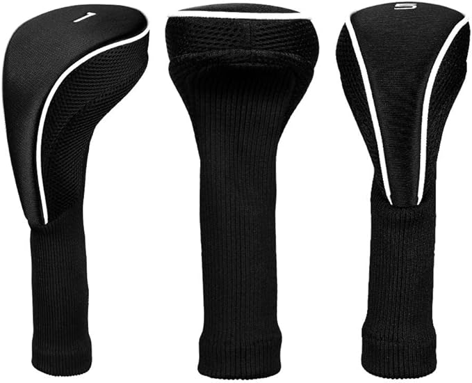 Black Golf Club Head Cover for Driver Fairway 3 Pcs Woods Headcovers, Golf Accessories Hybrid Head Covers Set with Interchangeable Tags 3 4 5 7 X