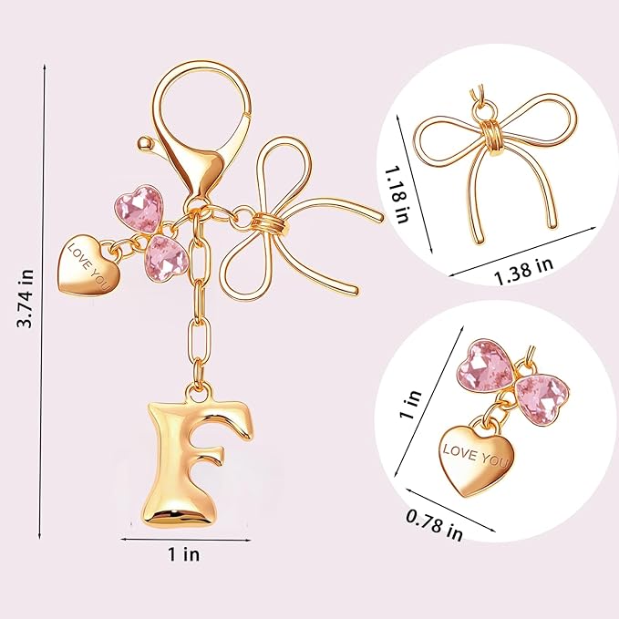 Gold Bubble Initial Keychain with Bow Decoration Bag Charms for Women, Cute Purse Handbag Accessories Gift