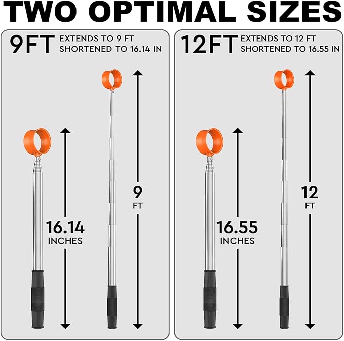 JKL 9Ft/12Ft Golf Ball Retriever for Water Telescopic, Stainless Steel Shaft, High Durability Double-Sided Ball Picker Upper Grabber, Golf Gifts for Golfers