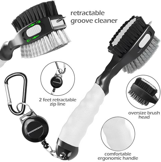 THIODOON 2 Pack Golf Club Brushes and Groove Cleaner 2 ft Retractable Zipline Carabiner Golf Brush Head with Retractable Spike Comfortable Grip Golf Club Cleaner