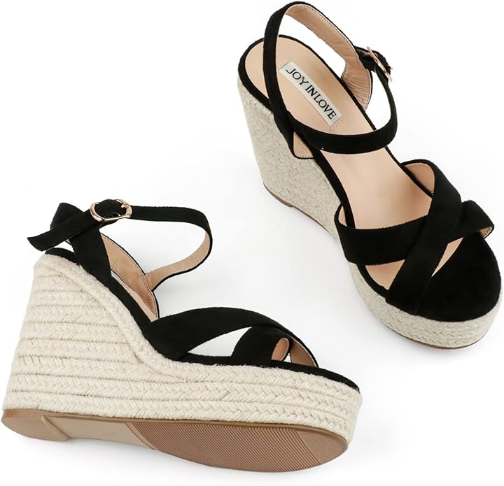 JOY IN LOVE Womens Espadrilles Wedge Sandals Platform Heels Ankle Strap Open Toe Buckle Sandals
