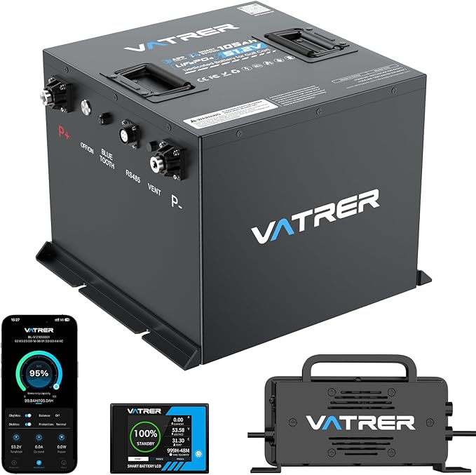 48V 105Ah Mini Lithium Golf Cart Battery, Built-in 200A BMS, with LCD Display & APP, 4000+ Cycles LiFePO4 Battery with 20A Lithium Charger, Max 10.24kW, Perfect for Golf Carts