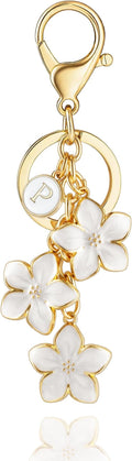XGALBLA White/Pink/Black Big Cute Flower Initial Letter Keychain for Women, Flower Bag Charms Enameled Keychain Handbag Purse