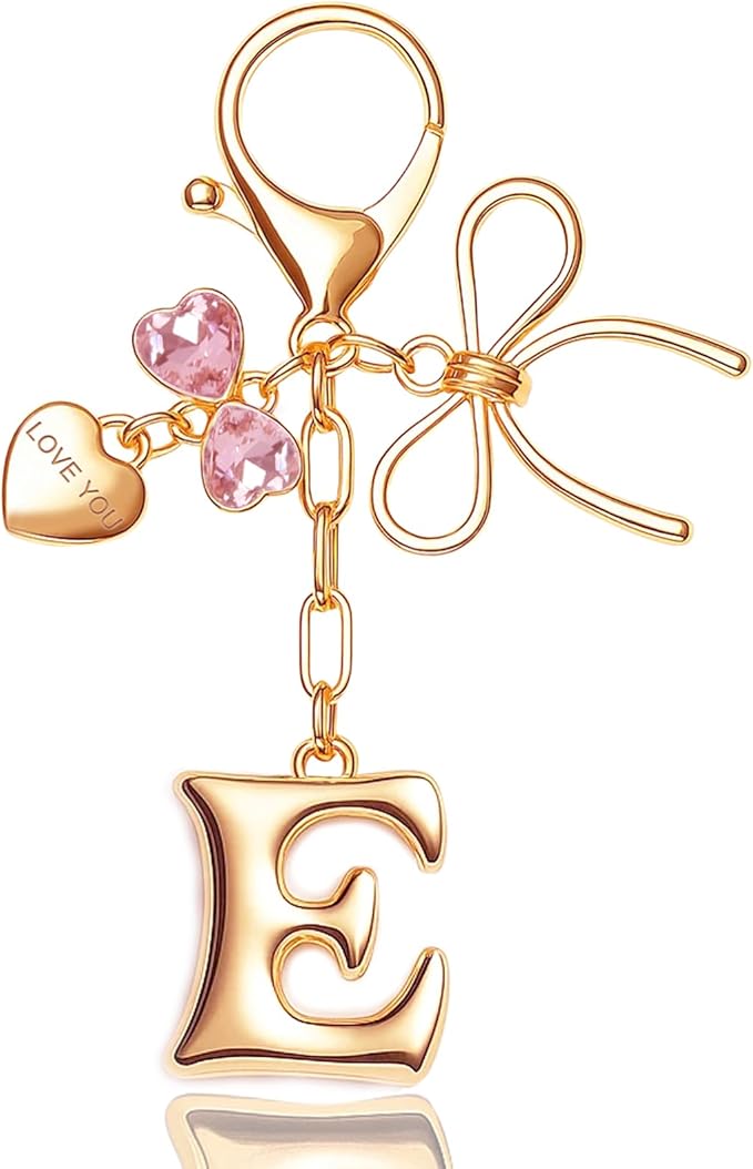 Gold Bubble Initial Keychain with Bow Decoration Bag Charms for Women, Cute Purse Handbag Accessories Gift