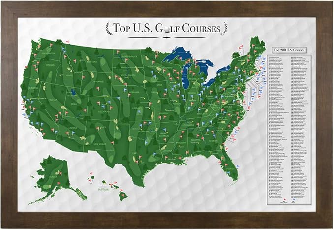 Push Pin Travel Maps Customizable Wall Art - Top Golf Courses USA Map - Rustic Brown - Framed Pin Map, Includes 150 Pins - Handcrafted in USA - 27.5" x 39.5"