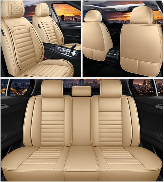 Leather Car Seat Covers for Volkswagen Golf Alltrack 2017-2019,Car Seat Covers Full Set,Seat Covers with Safety,Waterproof Seat Cover Compatible Airbag(5pcs Beige Standard)