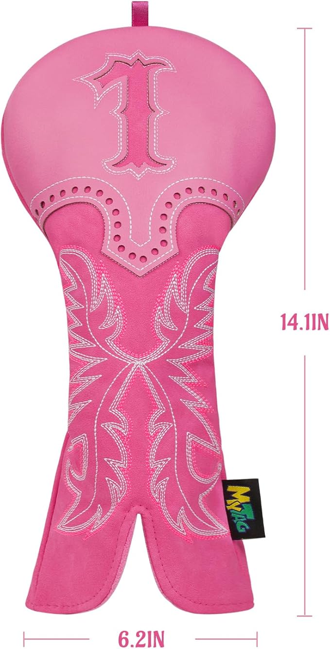 mytag Pink Golf Club Head Covers, Western Cowboy Retro Golf Headcovers with Patch & Embroidery Driver Fairway Wood Hybrids/Rescue Covers