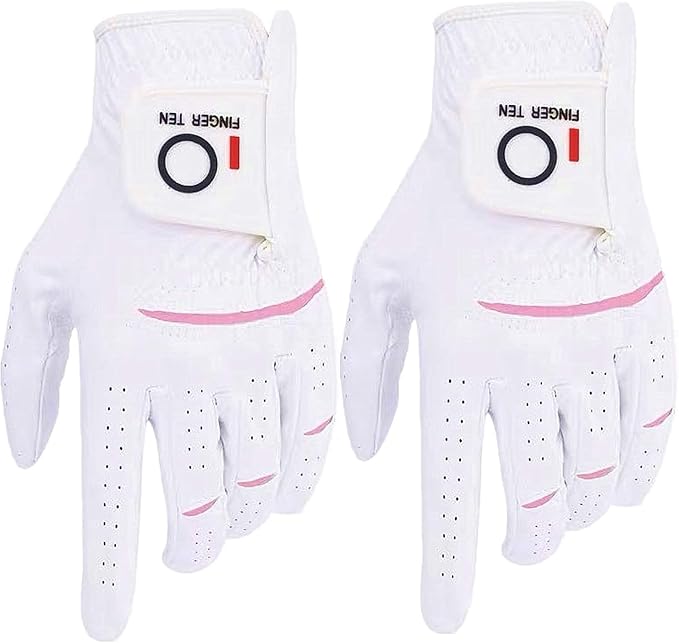 FINGER TEN Womens Ladies Golf Gloves Pair Both Hand or 2 Pack Left Right Hand, All Weather Grip & Comfortable Glove for Serious Performance, Stylish Pink White Fit S M L XL