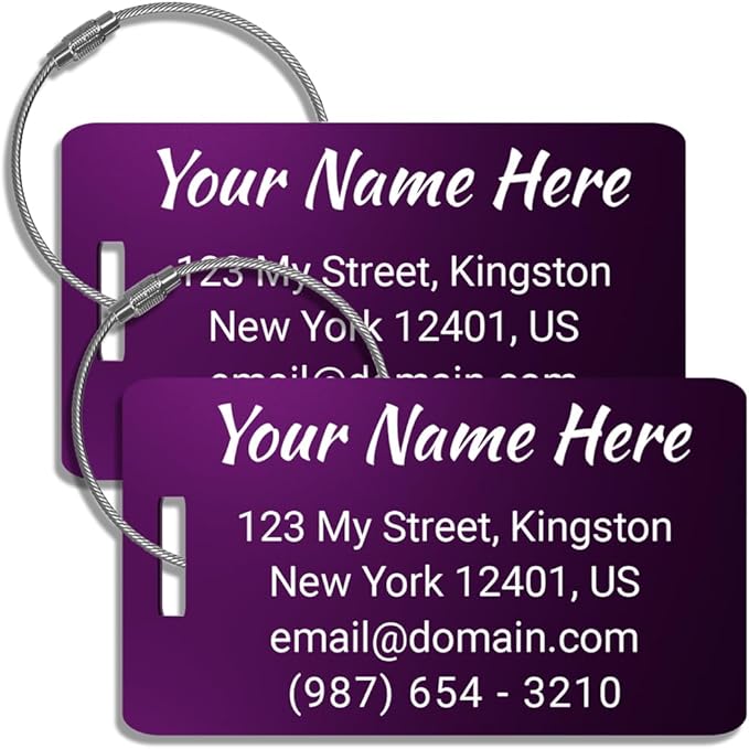 Custom Metal Luggage Tags for Suitcases - Personalized Luggage Tags Pack of 2 (Purple, 2x3.5)