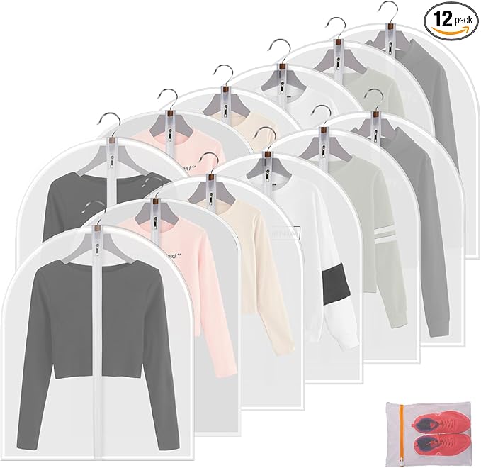 MsKitchen12Pack Short Garment Bags (24x32") - Dustproof Covers for Kids Clothes - Durable PEVA Storage Bags with Sturdy Zipper for Dance Costumes, Tops & Folded Pants (Translucent)