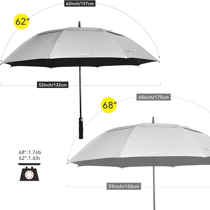 ZEKAR 62" & 68" Windproof Large UV Protection Golf Umbrella, UPF 50+ Patio Umbrella | Keep You Cool (Silver, 62")
