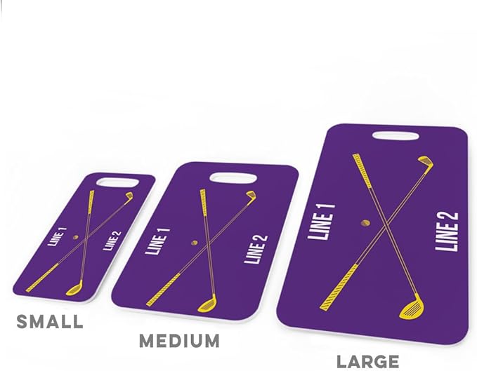 ChalkTalkSPORTS Golf Luggage & Bag Tag | Personalized Crossed Golf Clubs | Standard Lines on Back | Large | Purple/Yellow