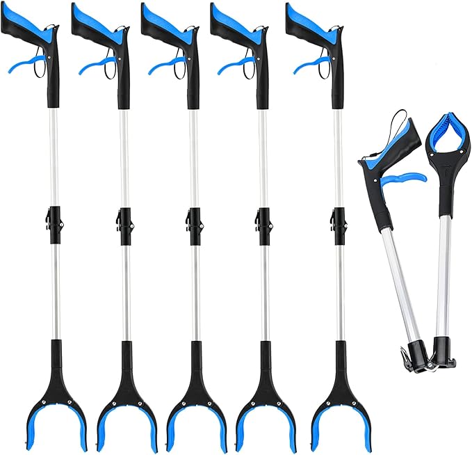 6 Pack Grabber Reacher Tool,32 Inch Extra Long Foldable Grabber Tool with Buckle and Wrist Rope,360°Rotating Anti-Slip Jaw,Trash Claw Grabber Tool,Trash Picker Tool for Outdoor & Indoor (Deep Blue)
