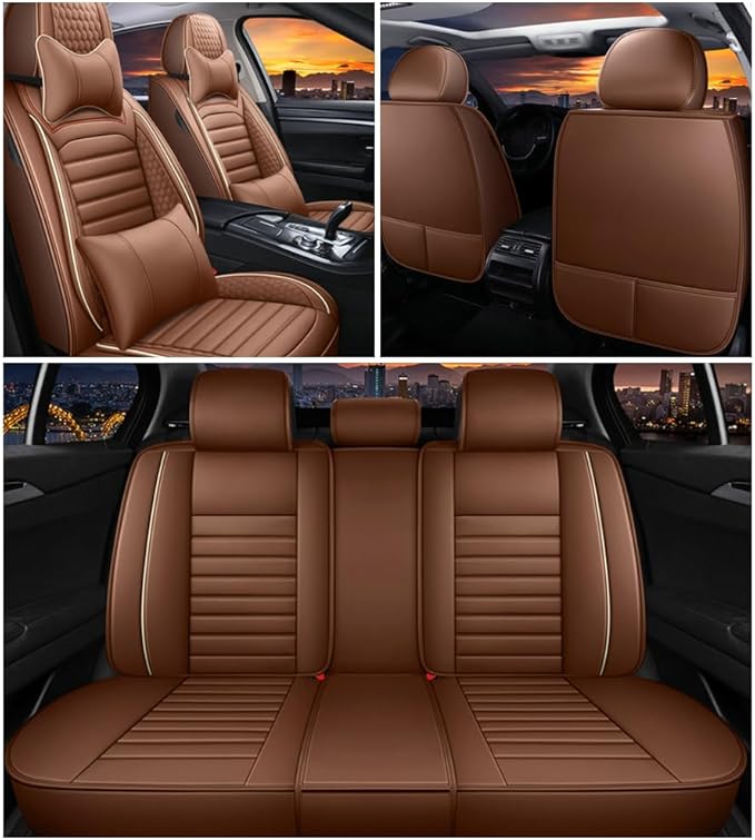 Leather Car Seat Covers for Volkswagen Golf 2001-2021,Car Seat Covers Full Set,Seat Covers with Safety,Waterproof Seat Cover Compatible Airbag(5pcs Coffee Luxury)