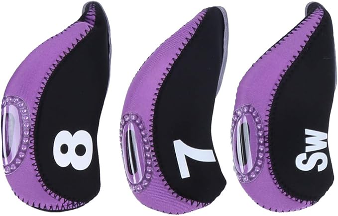 10Pcs Head Covers for Golf Clubs, Neoprene Golf Iron Covers Set with Number Convenient, Soft Universal Iron Club Head Cover for Outdoor, Sports Lovers, Black Purple