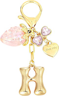 Snycler Bubble Initial Keychain with Strawberry & Bow- Gold Letter Bag Charms for Women, Cute Purse Handbag Accessories