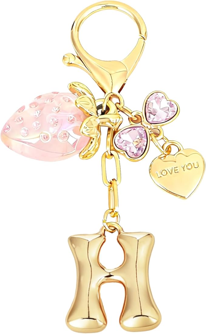 Snycler Bubble Initial Keychain with Strawberry & Bow- Gold Letter Bag Charms for Women, Cute Purse Handbag Accessories