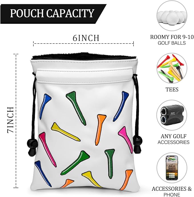 montela golf Valuables Pouch,Golf Bag Pouch with Drawstrings Golf Tee Bag Leather Golf Tee Pouchs for Men Women (Colorful Tee)