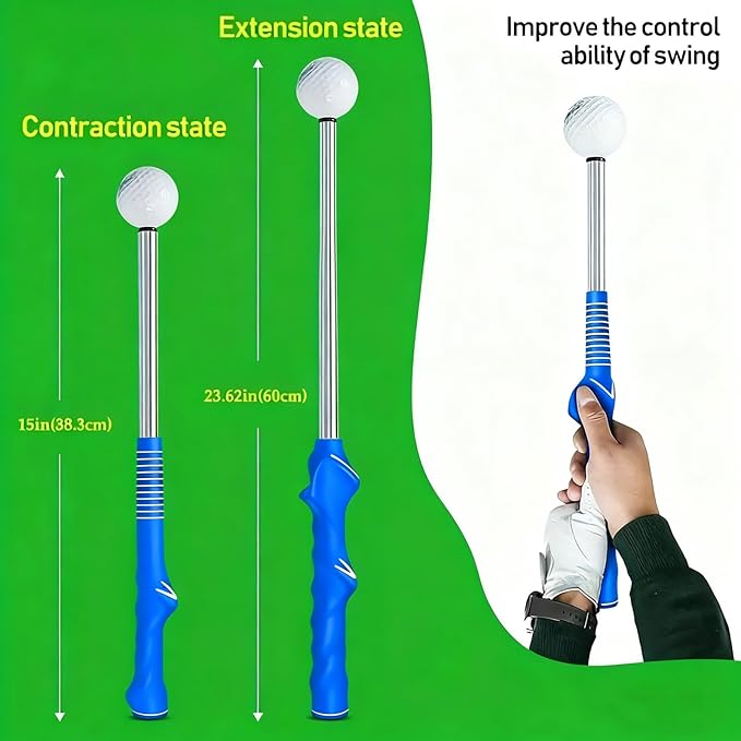 Retractable Golf Swing Training Aid,Right-Handed Golf Swing Trainer, Golf Grip Trainer with Click Feedback, Golf Stick for Practice Correction Indoor Outdoor Hitting (Blue, Right-Handed)