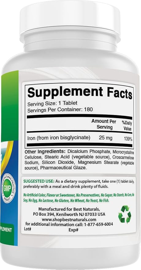 Best Naturals Iron Supplement (Iron Bisglycinate) - 25mg - 180 Tablets - Gentle of Stomach - Non-Constipating