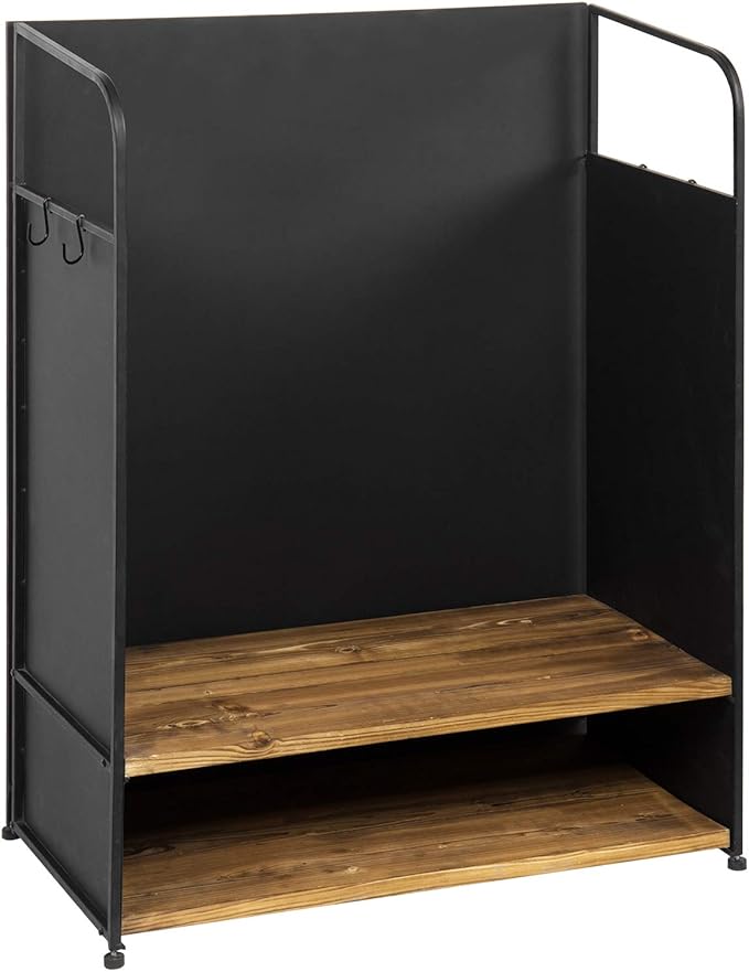 MyGift 2 Golf Bag Organizer with 2 Tier Burnt Wood Shelf for Shoes, Equipment and Hooks for Hat and Towels, Deluxe Matte Black Metal Golf Bag Storage Rack