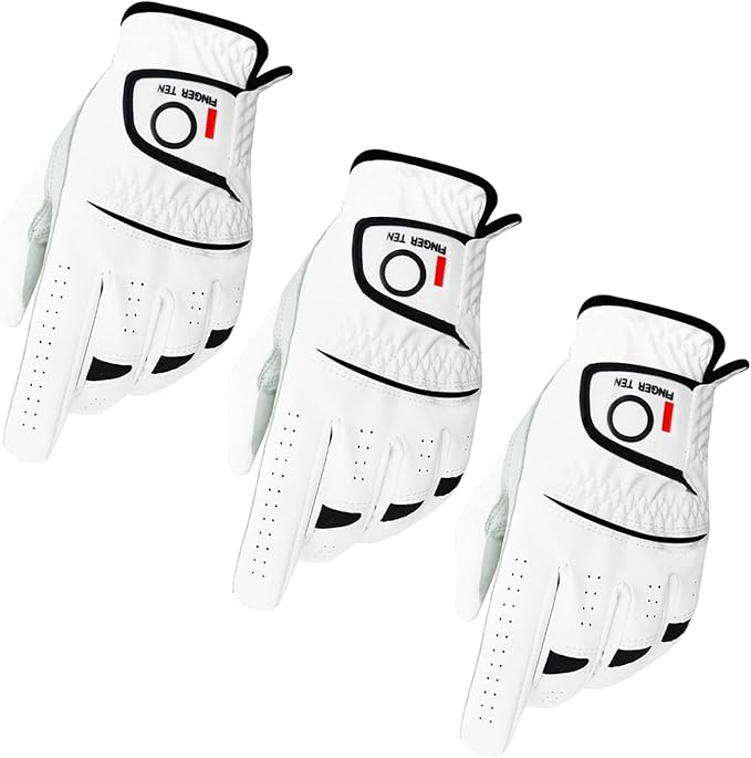 FINGER TEN Golf Gloves Men Right Left Handed Golfer Men’s Golf Glove Left Right Hand Value 3/6 Pack, All Weather Leather Grip Small Medium ML Large XL Size