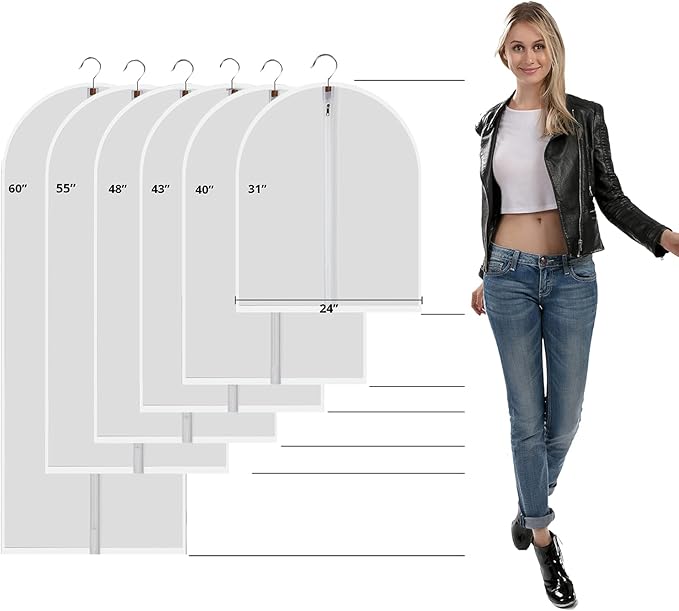 6 Pack Short Garment Bags (24x31") - Dustproof Covers for Kids Clothes - Durable PEVA Storage Bags with Sturdy Zipper for Dance Costumes, Tops & Folded Pants (Translucent)