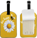 White Daisy Luggage Tag for Suitcases,Inspirational Quote Bee Happy Yellow PU Leather Baggage Tags Bag Tags Travel Id Label for Luggage Women Men -1 Piece