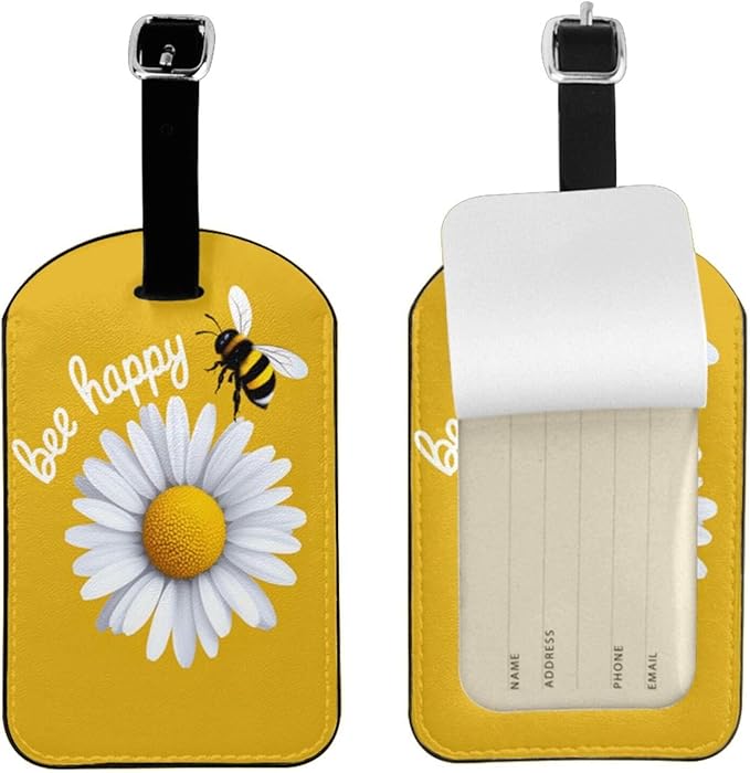 White Daisy Luggage Tag for Suitcases,Inspirational Quote Bee Happy Yellow PU Leather Baggage Tags Bag Tags Travel Id Label for Luggage Women Men -1 Piece