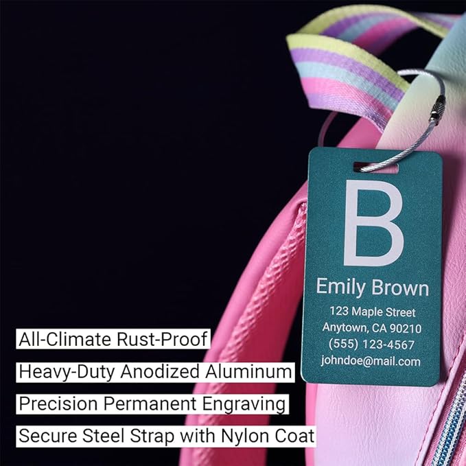 Personalized Luggage Tags for Suitcases 4 Pack – Custom Metal Name Tag for Travel, Golf Bag, and Baggage – Durable Aluminum Luggage Name Tags (Aqua Marine, Vertical)