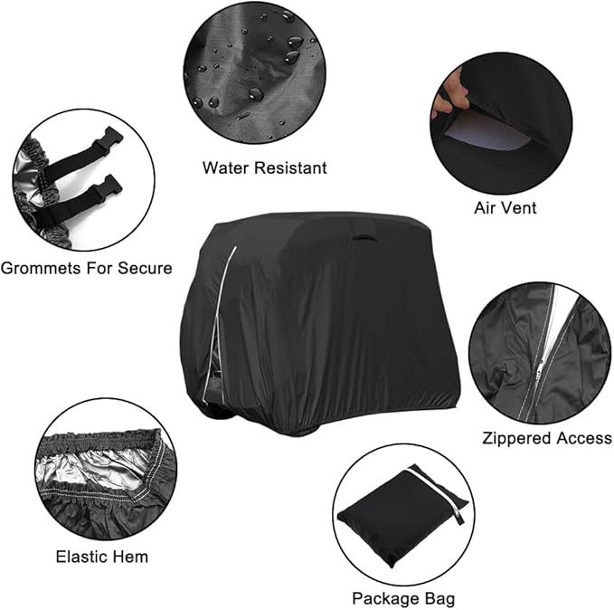 Golf Cart Cover, Samlomi 420d Golf Cart Covers 4 Passenger Fits Ezgo, Club Car, Yamaha, Waterproof Windproof Sunproof Outdoor All-Weather Polyester Full Cover with 3 Pcs Golf Club Brush