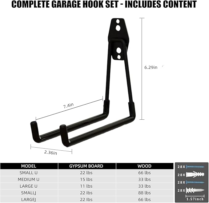 Garage Hooks, 4 Pack 7.7inch Large Square Wall Hooks for Hanging Heavy Duty Ladders, Bikes, Tools Ideal for Garage, Garden, Basement Utility Room Storage (Black)