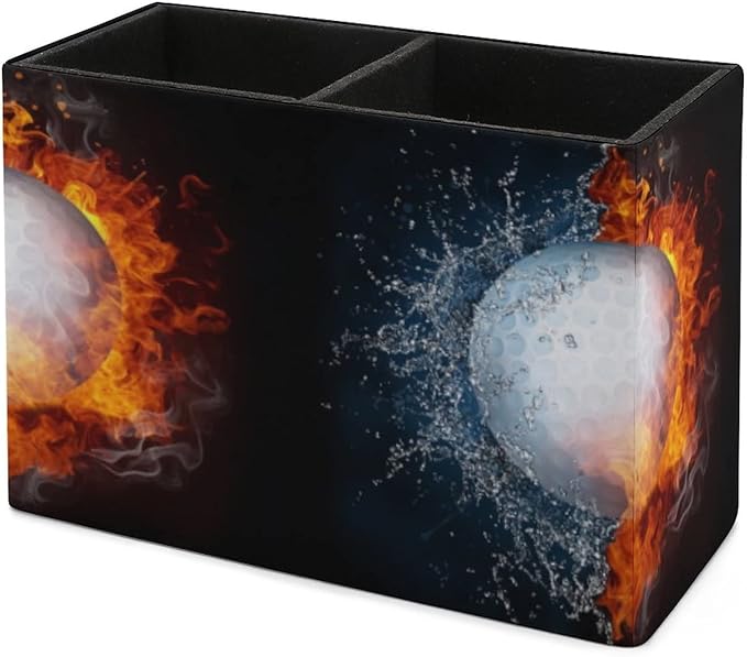 GERRIT Pen Holder for Desk, Golf Ball Fire Water Pencil Holder PU Leather Pen Organizer Desk Pencil Organizer Cute Makeup Brush Holder for School College Office